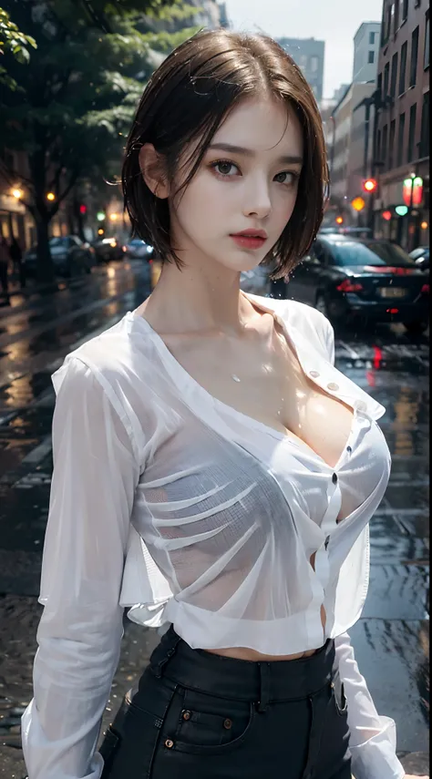 ((Best quality, 8k, Masterpiece :1.3)), Sharp focus :1.2, A pretty woman with perfect figure :1.4, Slender abs :1.2, ((Layered haircut, Big breasts :1.2)), (Wet white button up long shirt :1.1), (Rain, Street:1.2), Wet body :1.5, Highly detailed face and s...