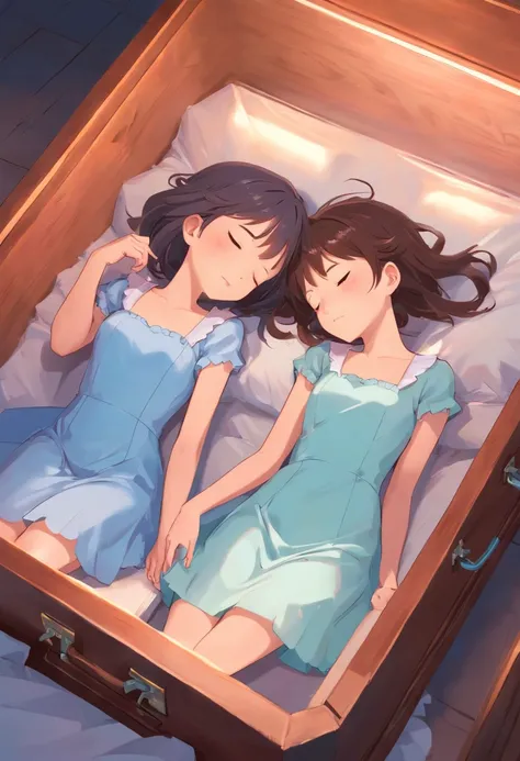 Twin sisters sleeping in a coffin，The older sister wore a light blue dress，The younger sister wears a pink dress，Mary Jane shoes