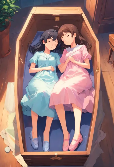 Twin sisters sleeping in a coffin，The older sister wore a light blue dress，The younger sister wears a pink dress，Mary Jane shoes