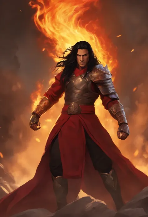 super detailed, 1Man, Long Black Hair, Chi Fighter, Fire Nation Clothes, (((Big Eletric Metal Gauntlet in one hand)))