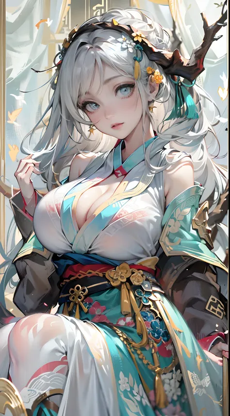 Depressing text，Dragons horn，deer antlers，Portrait，Realistic effect，Female pervert，White-haired girl，Messy hair，Ancient wind，cyan colors，cyan colors，Cyan Hanfu(Delicate and mysterious antique patterns)，high-heels，The expression after the climax，winning art...