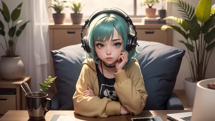 Create an original character inspired by the lofi girl aesthetic, embodying the cozy and chill vibes of a serene room. Describe or visualize this character in detail, focusing on their appearance, clothing, and personality traits that make them perfectly s...