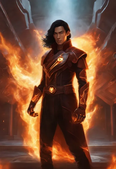 super detailed, 1Man, Long Black Hair, Chi Fighter, Fire Nation Clothes, (((Futuristic Eletric Gauntlet in one hand)))