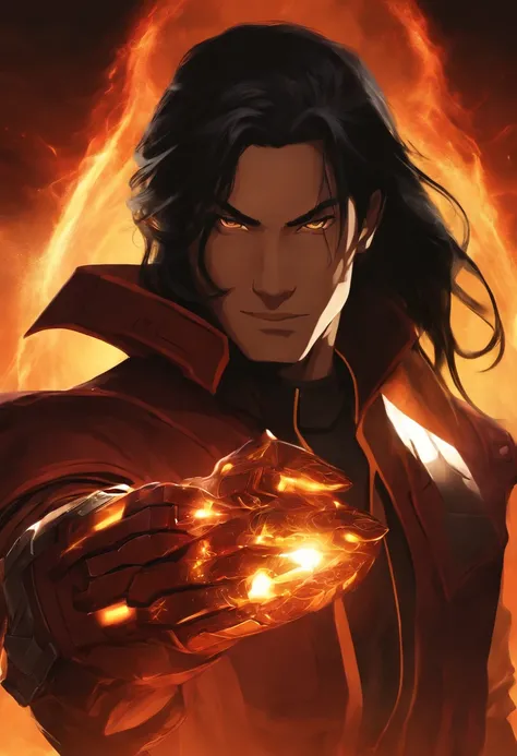 super detailed, 1Man, Long Black Hair, Chi Fighter, Fire Nation Clothes, (((Futuristic Eletric Gauntlet in one hand)))