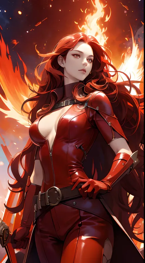 a cool，20th generation female，long red wavy hair，Red Eyes，sharp eye，Red leather，body suit，gloves，Covers the whole body，Mystical decoration，cross belt，breastsout，up chest，realistic illustration，loimu，of the Great Flame，Cover the sky，Expressed throughout the...