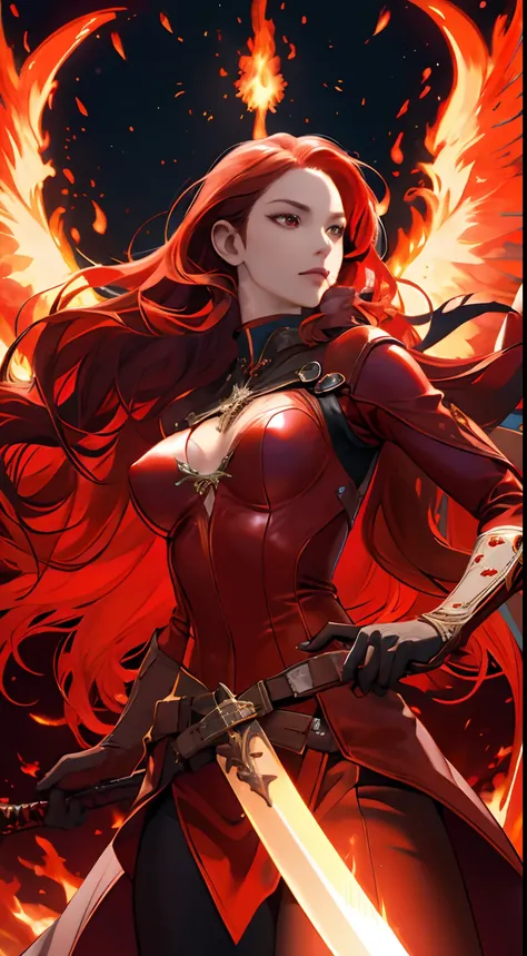 a cool，20th generation female，long red wavy hair，Red eyes，sharp eye，Red leather，body suit，gloves，Covers the whole body，Mystical decoration，a belt，breastsout，up chest，realistic illustration，loimu，of the Great Flame，Cover the sky，Fantastic，Expressed througho...