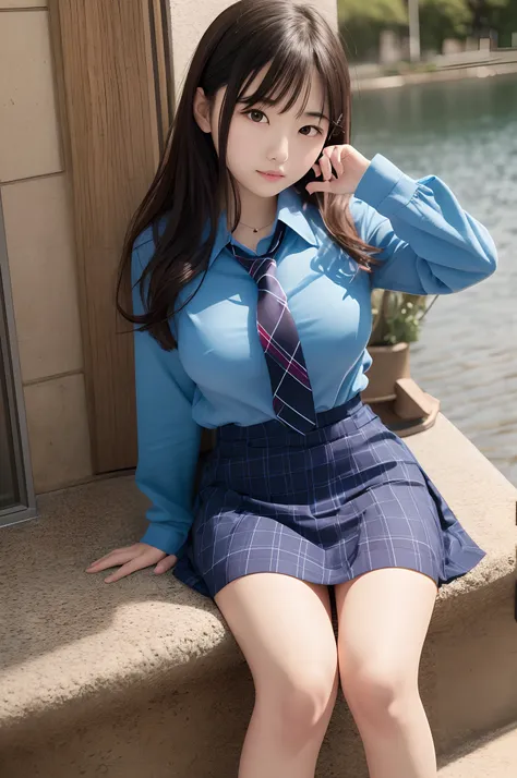 japanaese girl、Teen Girls、perfect body type、Transparency、discreet breasts、School Uniforms、Navy blue tie、Navy blue skirt、Light blue shirt、hposing Gravure Idol、waterside、Muchimuchi thighs