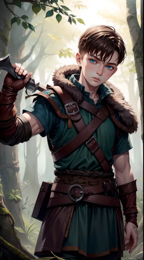 young boy, Atreus (God of War), brown hair, Cyan eyes, Hunters clothes, Viking, Masterpiece, hiquality, high detail, HD, 4k