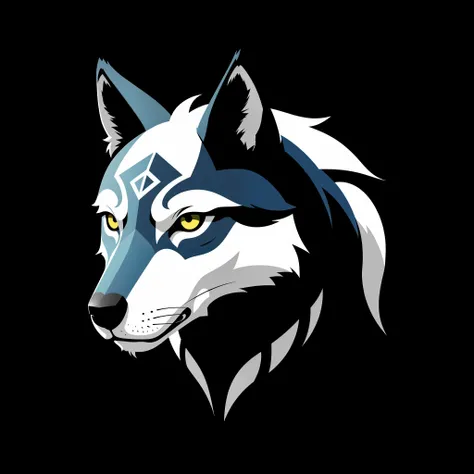 A detailed illustration face wolf,Magic, Desportivo, azul brilhante, Uivando, logotipo em forma de escudo, #69E200 hexadecimal, segunda cor branco, logotipo do futebol, Escuro, lo gothic, design de camisetas, no estilo do Studio Ghibli, cores tetradicas pa...