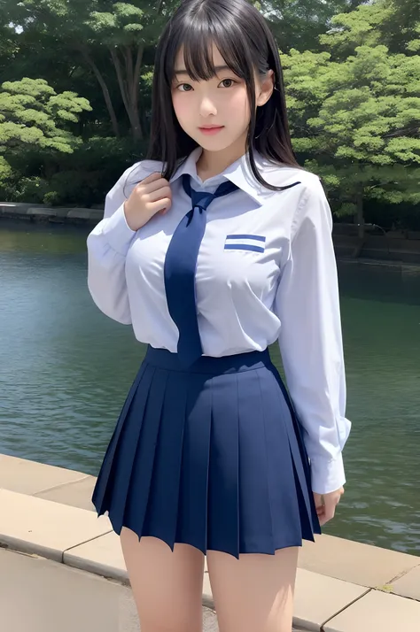 japanaese girl、Teen Girls、perfect body type、Transparency、discreet breasts、School Uniforms、Navy blue tie、Navy blue skirt、Light blue shirt、hposing Gravure Idol、waterside、Muchimuchi thighs