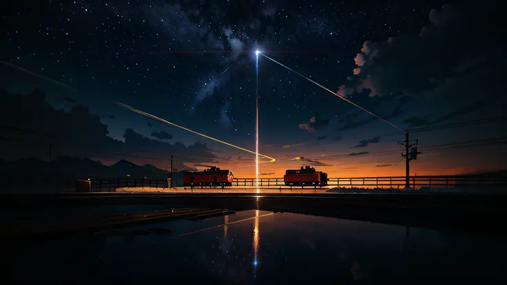 High quality masterpiece, landscape, anime train passing through bodies of water on tracks, bright starry sky. Romantic train, pixiv, concept art, lofi art style, reflection. by Makoto Shinkai, lofi art, Beautiful anime scene, Anime landscape, detailed sce...