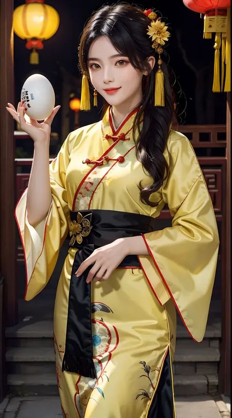 tmasterpiece，the night，exteriors，China-style，Ancient China，A woman who is，Take a duck egg，Yellow antique Hanfu，ssmile，effeminate，By bangs