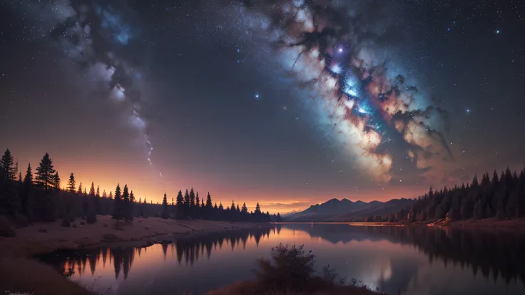 Experience the serenity and tranquility of a picturesque scene where the Milky Way galaxy stretches across the night sky, casting its ethereal glow upon a serene landscape. The calm lake mirrors the celestial beauty above, capturing the dance of starlight ...