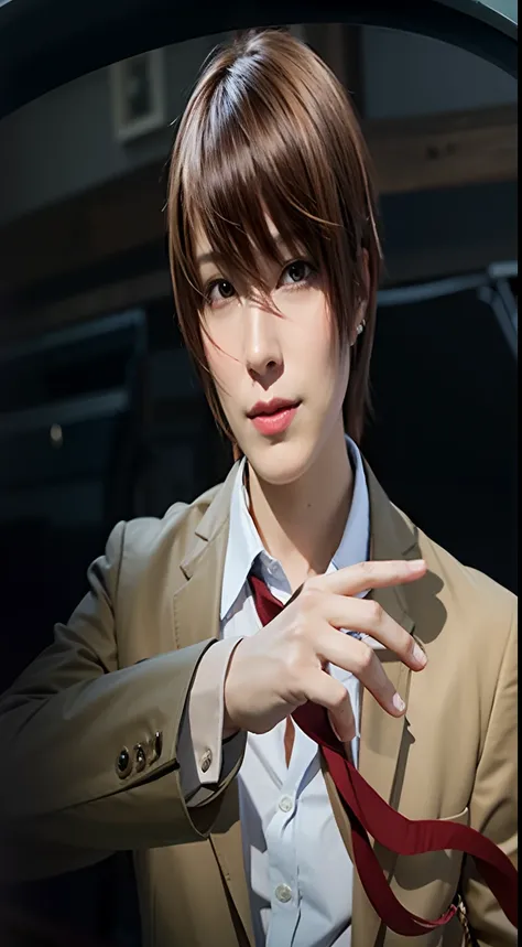 Brown hair, light brown school uniform, red tie