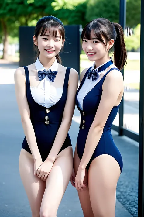 2 girls walking in school yard,navy blue one-piece swimsuit with white collar with button and bow tie,18-year-old,bangs,a little smiles,thighs,crotch,knees,short cut hair,low poneytail,from below