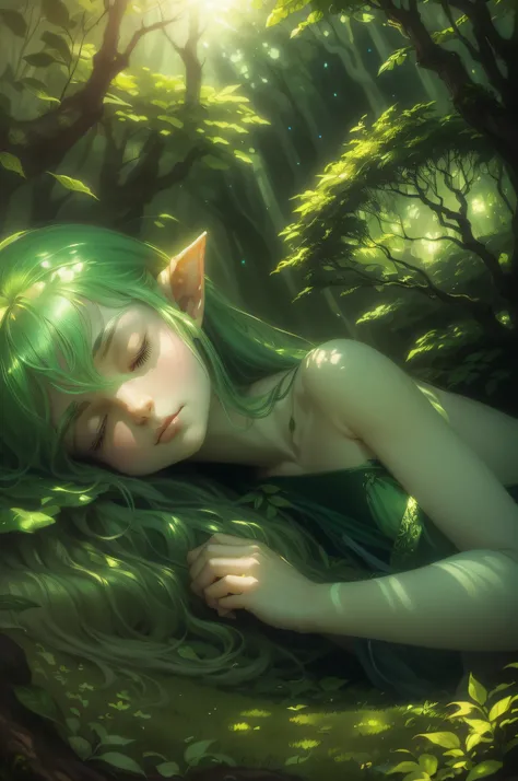 Forest Sprite, Resting in nature, Dreamy Woodland, Whimsical Foliage, Nene Thomas, Sleeping in the Forest - Elf Guardian, The Dreaming Fairy, Macro view, Mystical perspective, backlit, Close-up shot, Forest Sprite sleeping on grassland, Blending with natur...