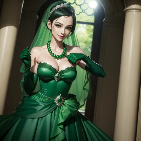 emerald tiara, Green Pearl Necklace, Boyish very short green hair, lipsticks, Japan woman smiling, very short short hair, big breasts beautiful, Green eyes, Long green gloves made of satin material, Green eyes