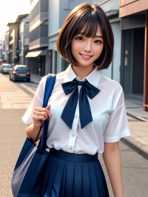 product quality, 1girl, upper body shot, front view, a Japanese young pretty woman, bob hair, walking with a big smile on a street in the sunset, glamorous figure, wearing a short sleeves white collared silky shirt with shiny satin dark blue plain bow tie,...