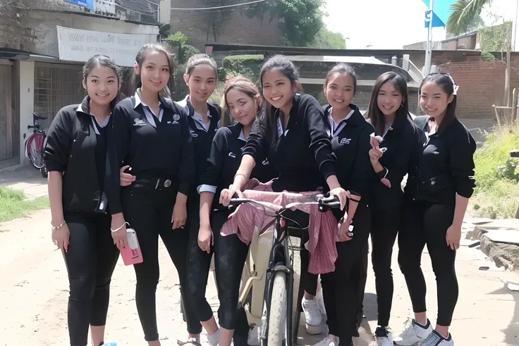 several women standing next to a bicycle in a dirt road, candid picture, college girls, student, wearing in black clothes, competition winning, high school girls, stylish pose, cute girls, wearing school uniform, in group photograph, with black, candid, yo...