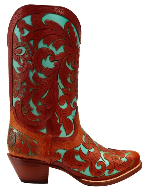 A pair of cowboy boots with floral motifs on the soles, Cowboy boots, Turquoise and Venetian red, Boots!!!!!!, intricately carved, Turquoise rust, Leather boots, wide leather boots, coloured in teal and orange, side view intricate details, intricate carvin...