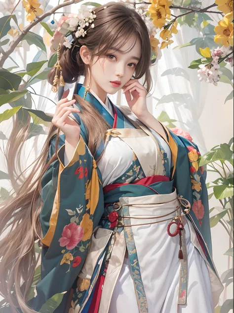 Girl,full bodyesbian,(Face details:1.2),tmasterpiece,Fashionab,Hanfu,,mid hair,brunette color hair,dual horsetail,Qi bangs,Brown eyes,White stockings