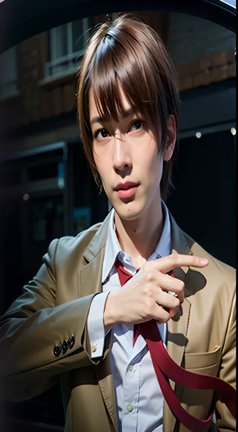 Brown hair, light brown school uniform, red tie, man