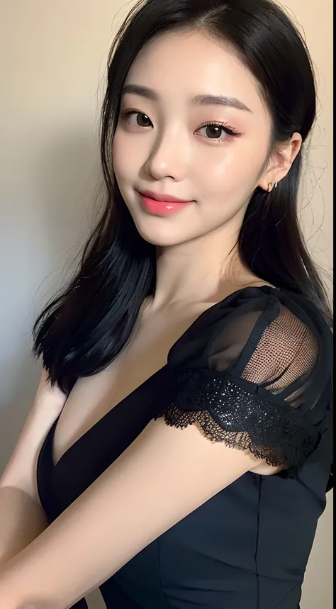 (Best quality, 8K, masterpiece:1.3)) , (one person: 1.4), 1girl, a Korean woman, a goddess, 25 years old, portrait photography, high contrast, God perspective, aperture F1.2, focal length 24mm, ( Full body: 1.2), smile, pose for photos, fine lace, slip dre...