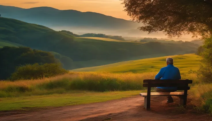 Um homem sentado em um banco no meio de uma estrada lamacenta e uma bela paisagem da natureza, Final da tarde,