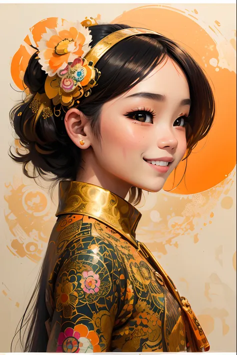 profile portrait of 21 years old Balinese kawaii girl with a cute smile, in canvas print, collage-based, gilded line work, fashion illustration, orange and amber pastel color palette, glitter, in the style of Takashi Murakami