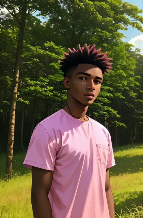 there is a man standing in a field with a pink shirt, a picture by Chinwe Chukwuogo-Roy, instagram, realism, frontal picture, around 1 9 years old, photo taken in 2 0 2 0, album photo, godwin akpan, 2 3 years old, in front of a forest background, riyahd ca...