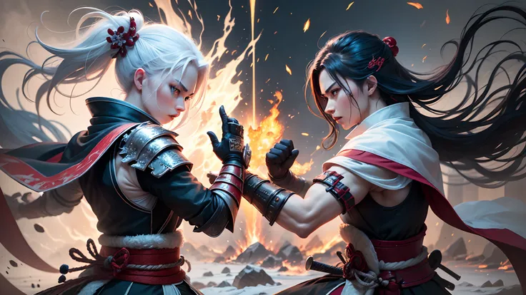 Imagine a dramatic showdown between two skilled samurai in a world where elements hold mystical power. Describe a thrilling duel between these warriors, one wielding the fiery force of fire and the other harnessing the icy might of ice. Paint a vivid pictu...