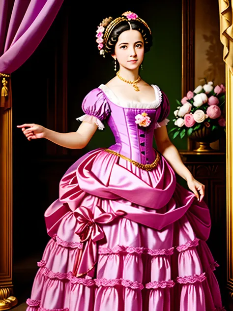 Full body photograph of a classical woman in Rococo style, Wearing a purple-pink dress in Organza, Puff sleeves, Golden-brown coiled hair, And the peony flower on her head