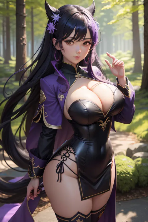 (8k, La mejor calidad, Obra maestra:1.2) Anime girl in a purple and black suit with big breasts and big tail bewitching thighs full body standing in front of a forest, Keqing por Genshin Impact, Zhongli de Genshin Impact, Heise Jinyao, Impacto de Ayaka Gen...