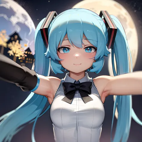 hd, mayor_calidad, hatsune miku, hermosa, selfie, noche, luz de la luna, estrellas