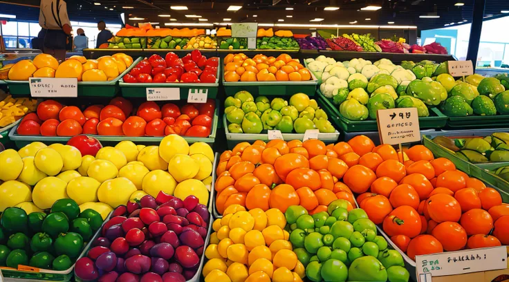 ((Masterpiece)), ((Best Quality)), A colorful array of fruits and vegetables arranged in a market display, promoting healthy eating and wellness.