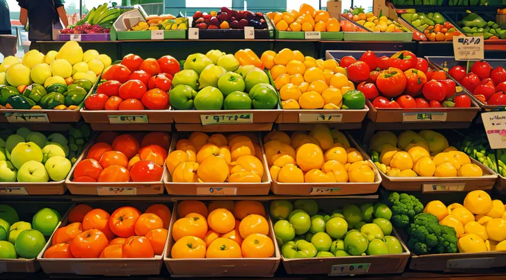 ((Masterpiece)), ((Best Quality)), A colorful array of fruits and vegetables arranged in a market display, promoting healthy eating and wellness.