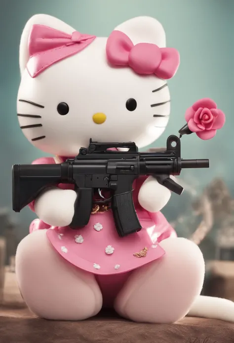 Hello kitten with a gun and a dress, hello kitty, gatinho, fortemente armado, Sanrio, Hello, pink iconic character, hideous, com fuzil, Militarista!!!, armado e perigoso, Holy, the teddy bear is holding a gun, Kidmo!!!, com pistola, :3, 1024x1024, machucar...