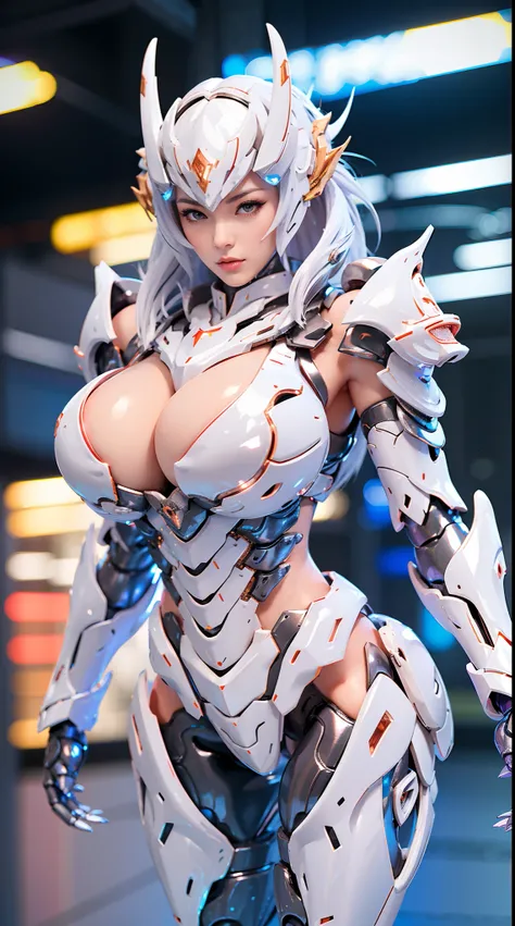 SILVER DRAGON QUEEN, HUGE BOOBS, MECHA HEAVY ARMOR, TRANSPARANT, STANDING, THICK BODY, MUSCLE ABS.