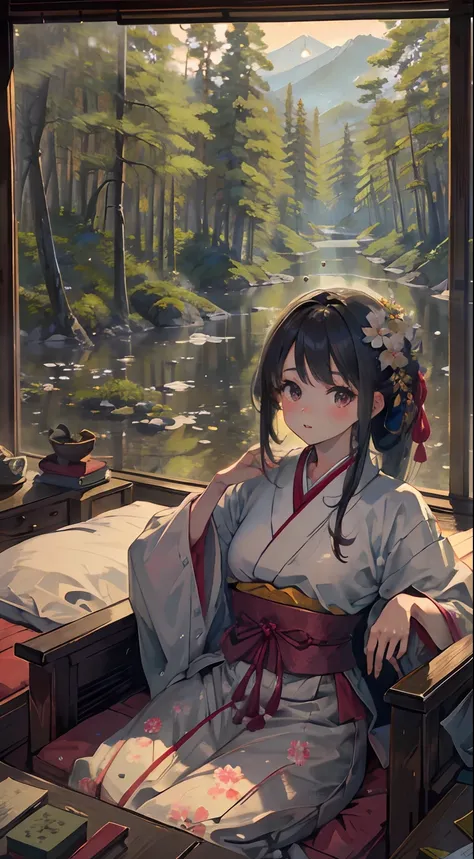 Highest image quality, outstanding details, ultra-high resolution, (realism: 1.4), the best illustration, favor details, highly condensed 1girl, with a delicate and beautiful face, dressed in Japanese , sittingi on bed, the background(Sakuraflower ,mount f...