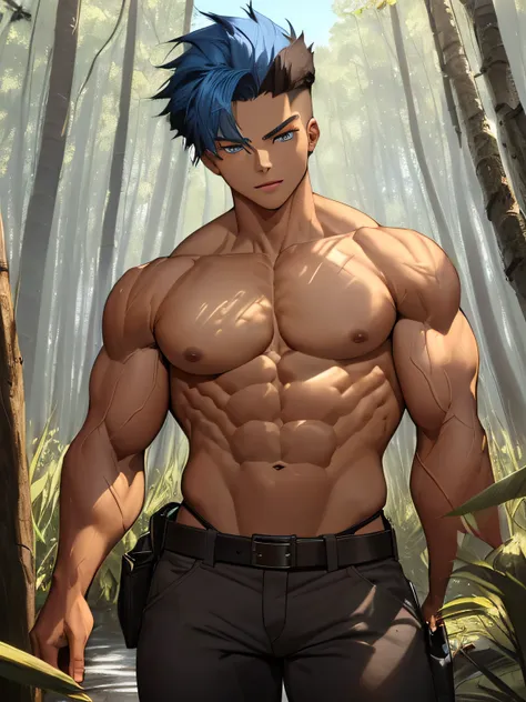 (1 young man, marked muscles, shirtless, topless, bodybuilders body)), beardless, cobalt blue hair,   wavy hair, short hair, masculine, attractive, handsome teenager (detailed face, perfect face) ((extremely realistic shadows, masterpiece of art, extremely...