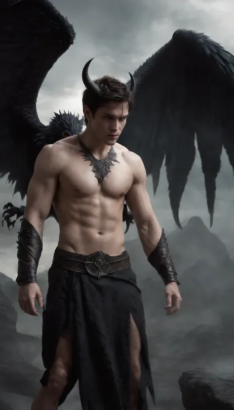 {Create a full-body shot dark fantasy illustration of} a shirtless, barefoot, pantless, 23-year-old male model with short dark hair who is {embodying} Devils, the fallen angel, {who is looking at the camera and displaying his entire body, including his abs...