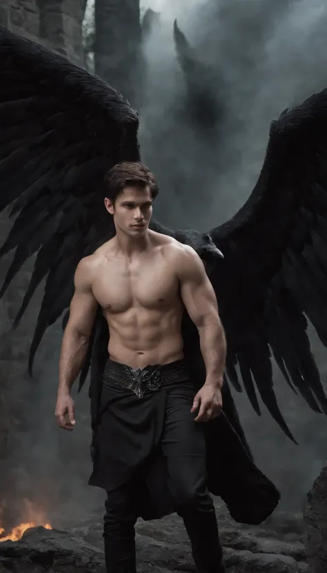 {Create a full-body shot dark fantasy illustration of} a shirtless, barefoot, pantless, 23-year-old male model with short dark hair who is {embodying} Devils, the fallen angel, {who is looking at the camera and displaying his entire body, including his abs...