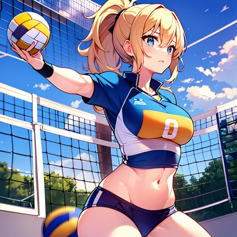 A woman, athletic body, perfect body, tabby body, blonde hair, blue eyes, ponytail style hair, sports uniform, playing volleyball, volleyball court