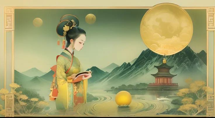 bright, round golden yellow cratered moon，chang'e fairy holds the jade rabbit in her hand，round mooncakes of various colors with...