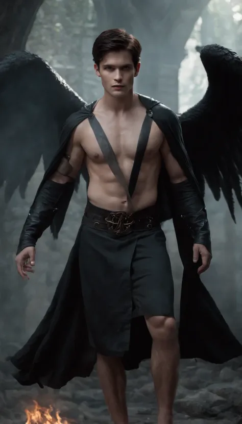 {Create a full-body shot dark fantasy illustration of} a shirtless, barefoot, pantless, 23-year-old male model with short dark hair who is {embodying} Devils, the fallen angel, {who is looking at the camera and displaying his entire defined fit body, inclu...