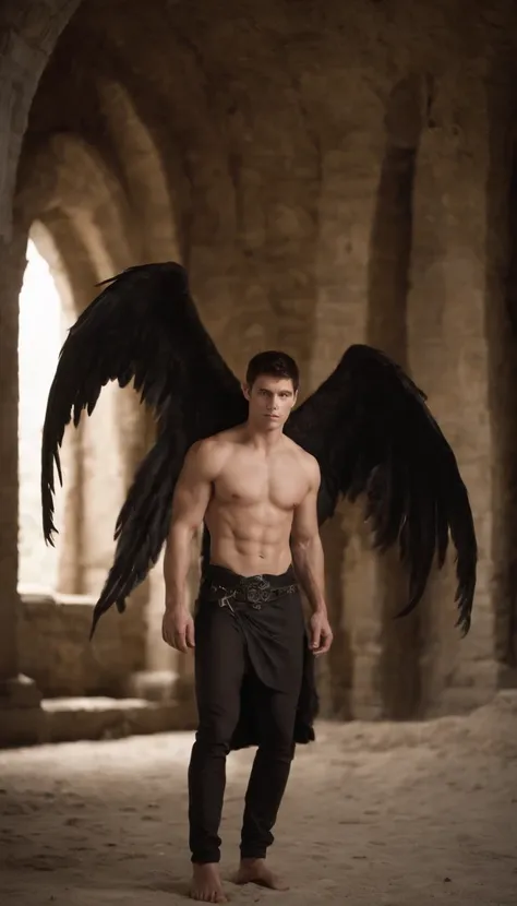 {Create a full-body shot dark fantasy illustration of} a shirtless, barefoot, pantless, 23-year-old male model with short dark hair who is {embodying} Devils, the fallen angel, {who is looking at the camera and displaying his entire defined fit body, inclu...