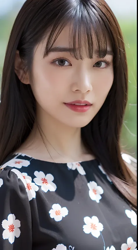 Photoreal, beautiful Japanese woman, straight and long black hair, Black eyes, short-sleeved floral pattern dress