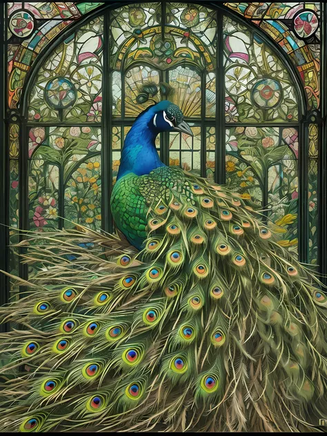 Colorful peacock in park, stained glass, art nouveau, intricate artwork, ominous, epic, highly detailed, vibrant