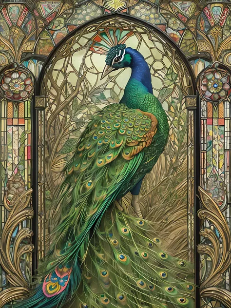 Colorful peacock in park, stained glass, art nouveau, intricate artwork, ominous, epic, highly detailed, vibrant