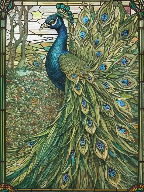 Colorful peacock in park, stained glass, art nouveau, intricate artwork, ominous, epic, highly detailed, vibrant